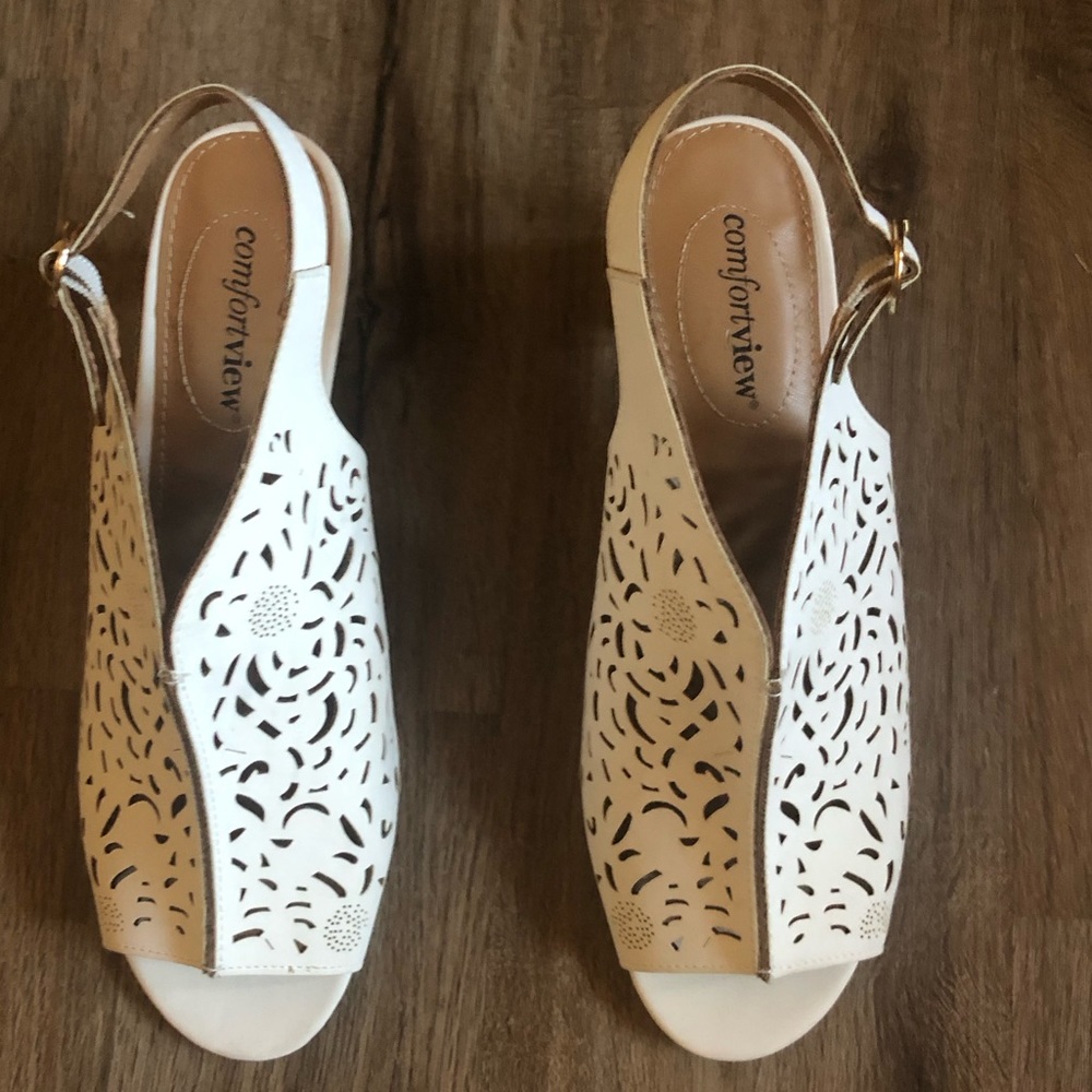 Comfort view white open toe heels